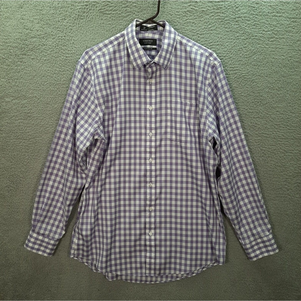 Nordstrom Shirt Adult 16-35 Purple White Check Traditional Fit Preppy Careerwear